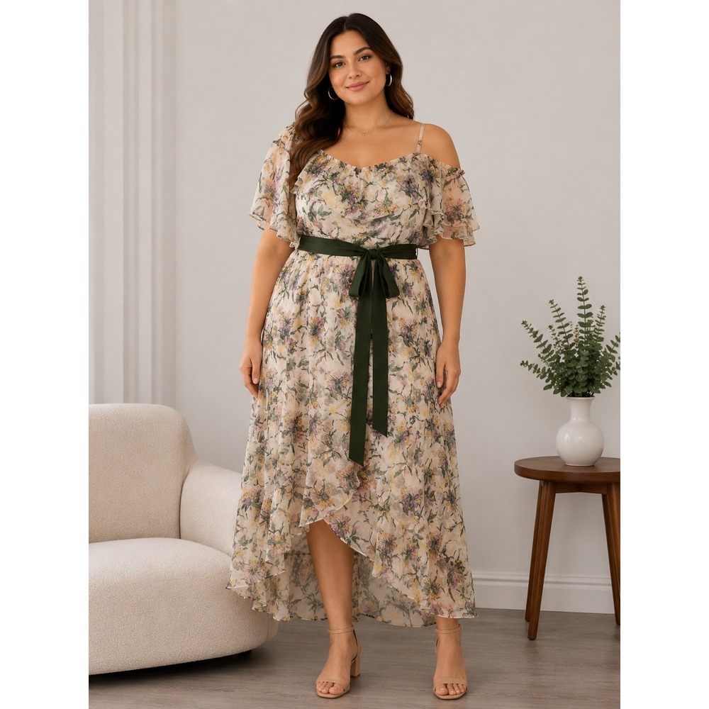 HopeShow Floral Chiffon Midi Dress Off Shoulder Ruffle Waist Tie Size XL